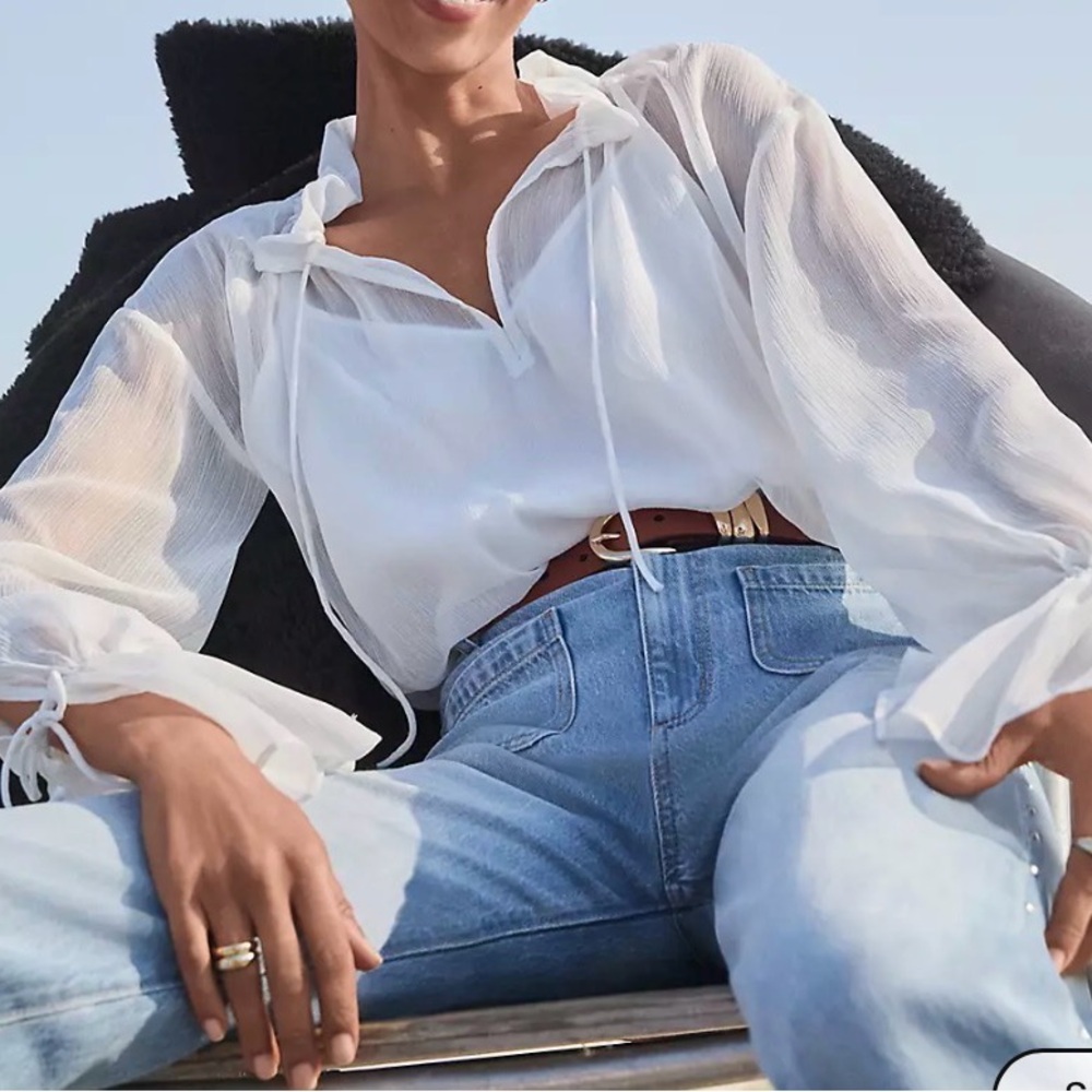 LOFT NWT Chiffon Whisper White Sheer Ruffle Tie-Neck Blouse M